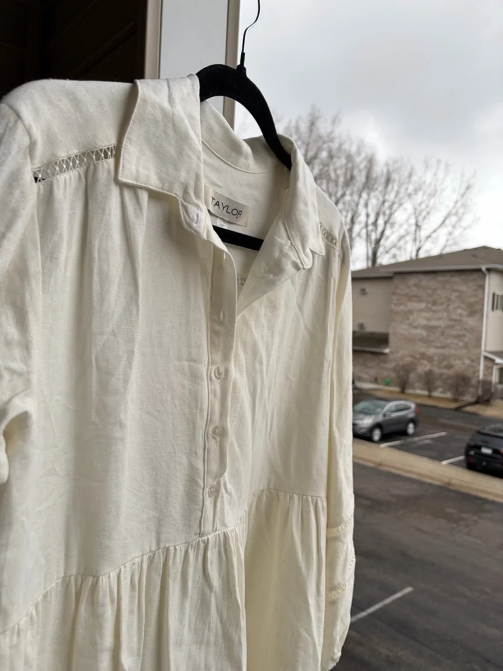 🆕 Taylor Porcelain White Linen Blend Tiered Dress Size 10, 12 Boho Mini Dress - Picture 7 of 17